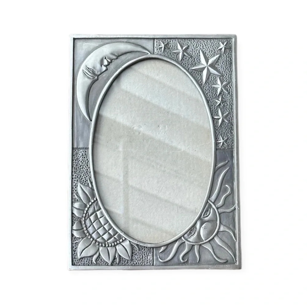 Vintage 90s Celestial Silver / Pewter 5 x 7 Picture Frame - sun moon stars